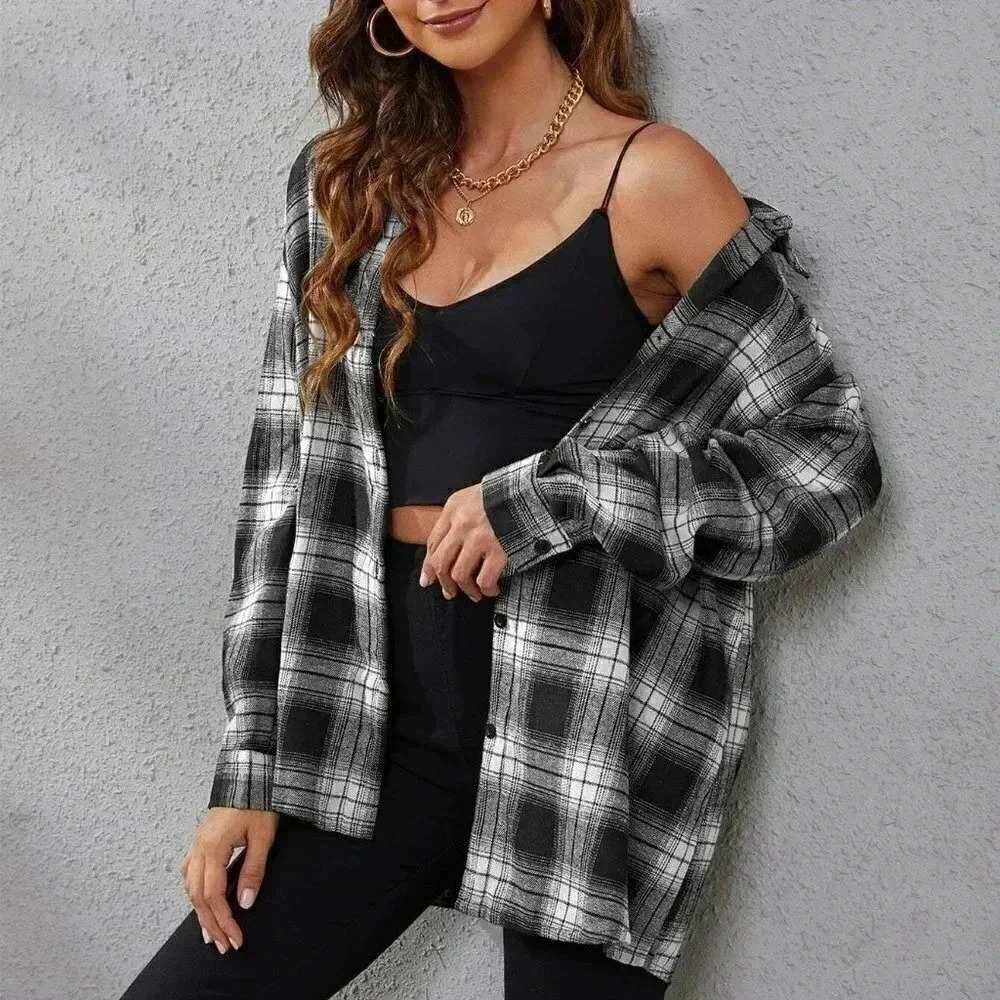 Black and White Casual Womens Plaid Print Drop Shoulder Shirt